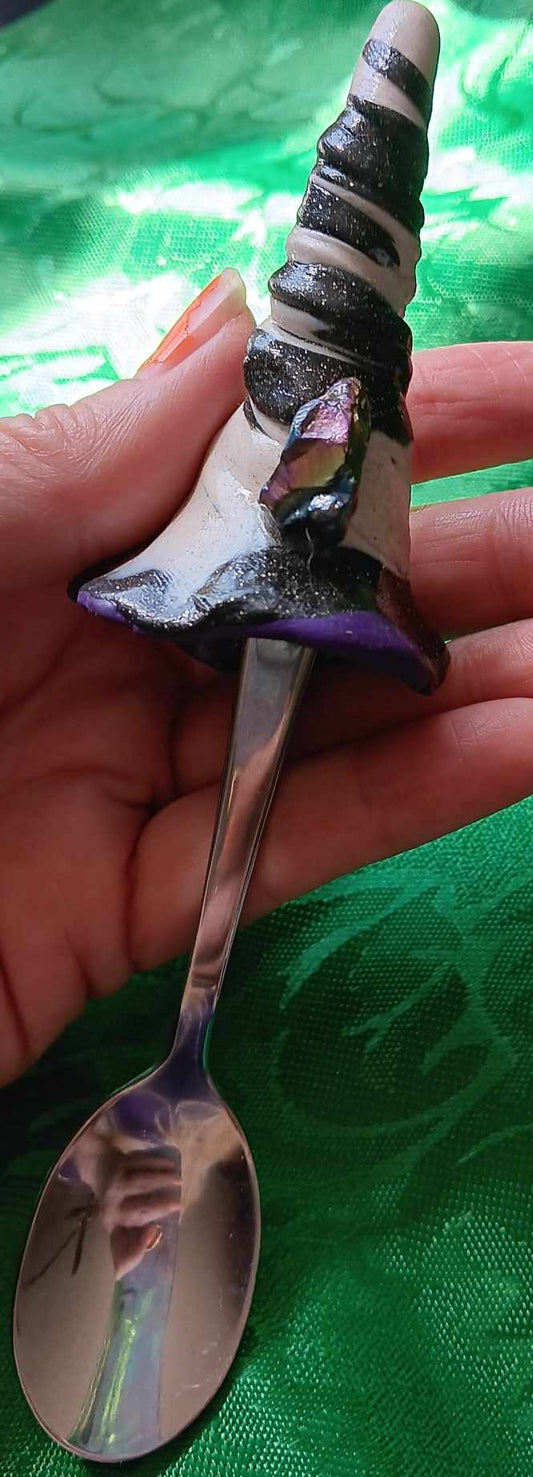 Magickal Spoons Witch Spoon white and purple stripe Witches Hat with Crystal