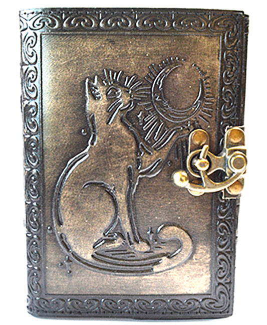 Journals: Cat aged looking paper leather w/ latch 4 1/2" x 6 1/2" - Unlined