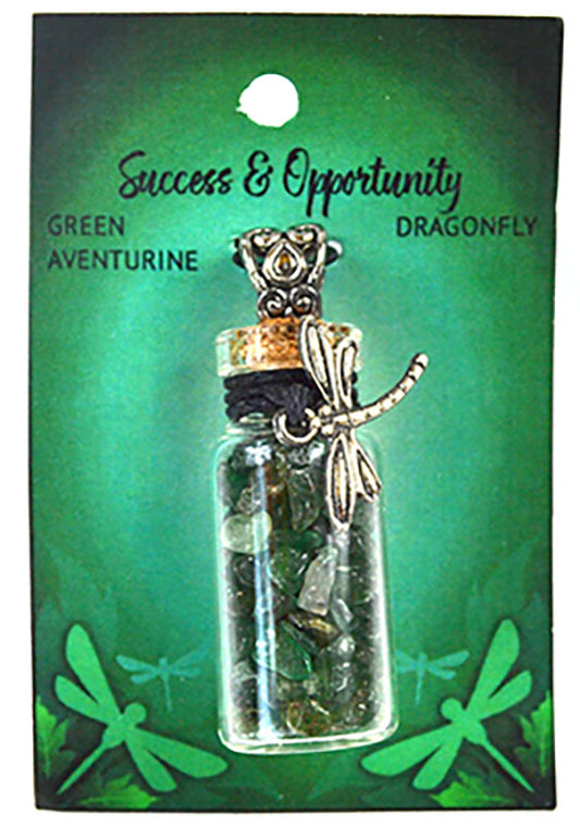 Witchy Jewelry Green Aventurine Chips in Bottle with Dragonfly necklace