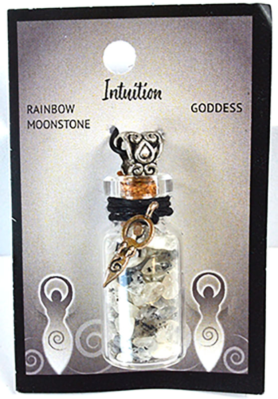 Witchy Jewelry Rainbow Moonstone Chips in Bottle with Goddess necklace