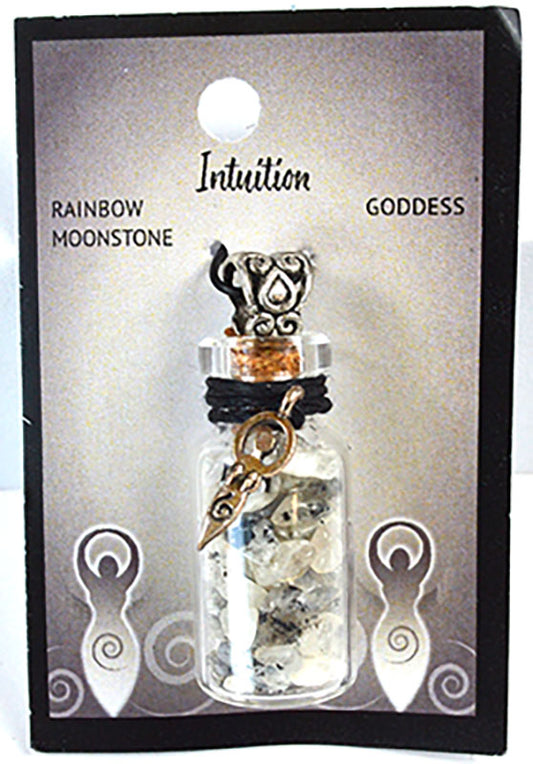 Witchy Jewelry Rainbow Moonstone Chips in Bottle with Goddess necklace